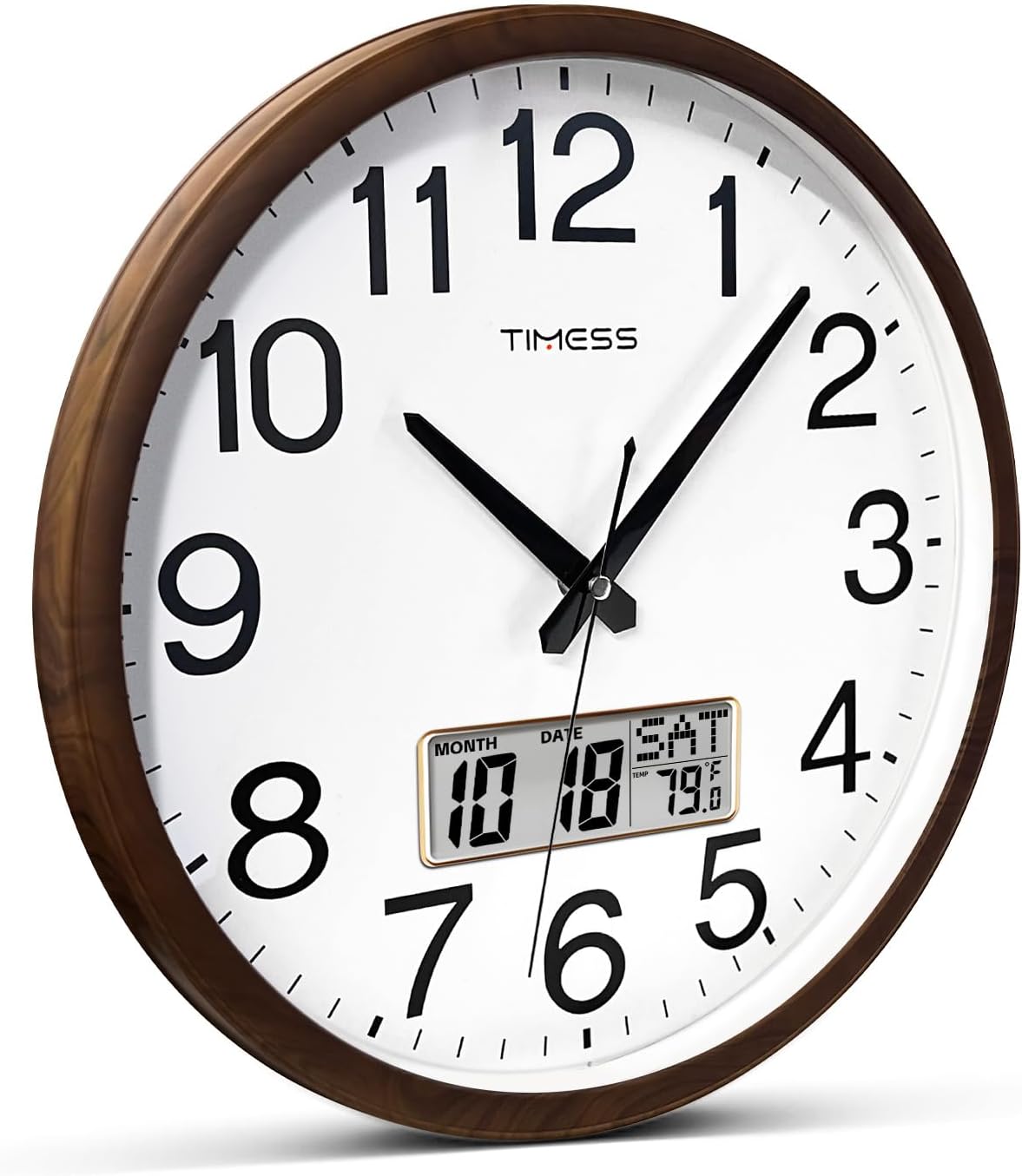 Wall Clock, Classic Wood Style Finish, 13 Inch Non-Ticking Silent Battery Operated Quartz Analog with Perpetual Calendar and F° Temperature Display, Home, Office Décor (Chestnut Brown)