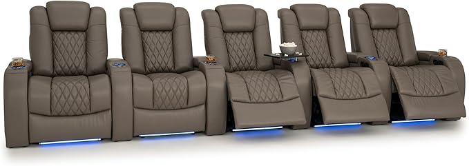 Seatcraft Diamante Zero-Gravity CoolZero Italian Leather Home Theater Seating, Power Headrest, Power Recline, Row of 5, Gray