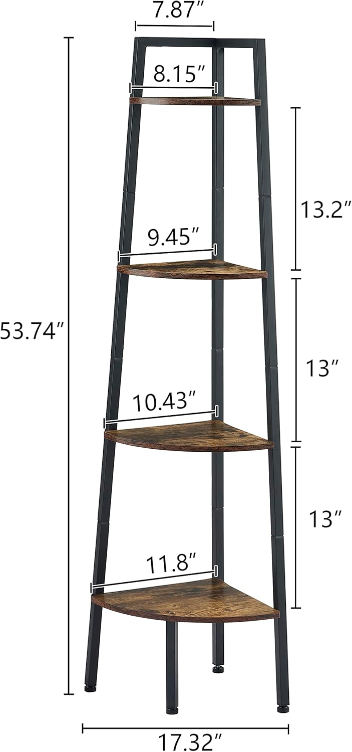 Hoctieon Corner Shelf, 4-Tier Corner Bookshelf, Rustic Ladder Shelf, Industrial Display Stand for Living Room, Kitchen, Home Office, Balcony, Small Space, Metal Frame, Rustic Brown