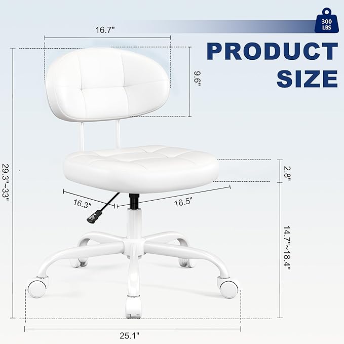 Misolant Vanity Chair with back, Small Armless Cute office Chair with wheels and Lumbar support, Comfy PU Leather Desk Computer Chairs with Adjustable Height, 360°Swivel for Home Bedroom Office, White