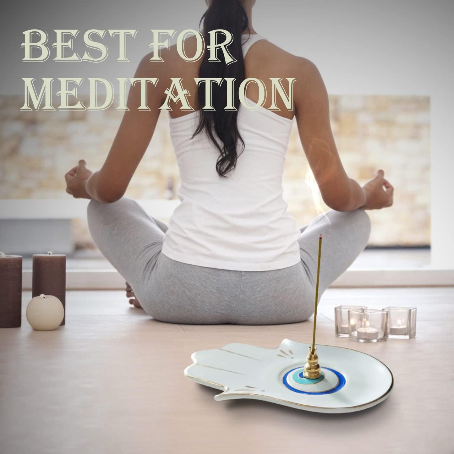 Ceramic Hamsa Hand Incense Holder - 2 in 1 Brass Incense Holder for Sticks and Coil Incense- Zen Decor with Hand of Fatima Design Protection from Evil - 6.2" L X 4.5" W (WhiteEye)