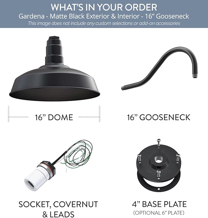 Steel Lighting Co. Gardena Barn Light | Outdoor Wall Mounted | 16" Dome | | Farmhouse Light Made in America | Matte Black Exterior/Matte Black Interior