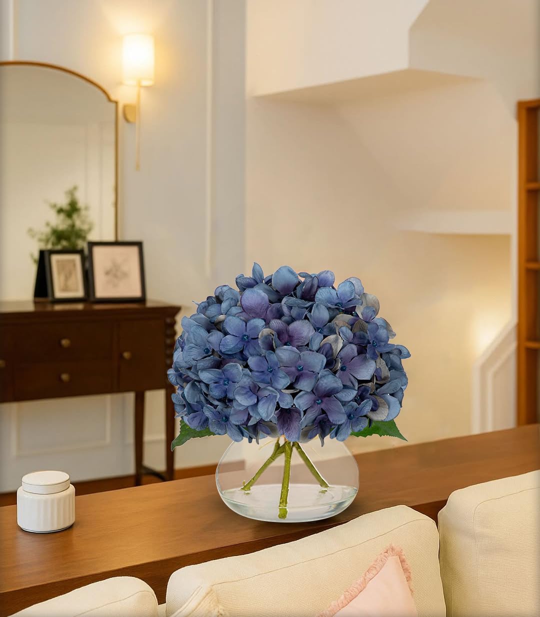 Hollyone Blue Hydrangea Fall Flowers Artificial for Decoration with Glass Vase Autumn Silk Faux Flower Arrangements with Fake Water Table Centerpiece Vase with Flowers Fall Decorations for Home