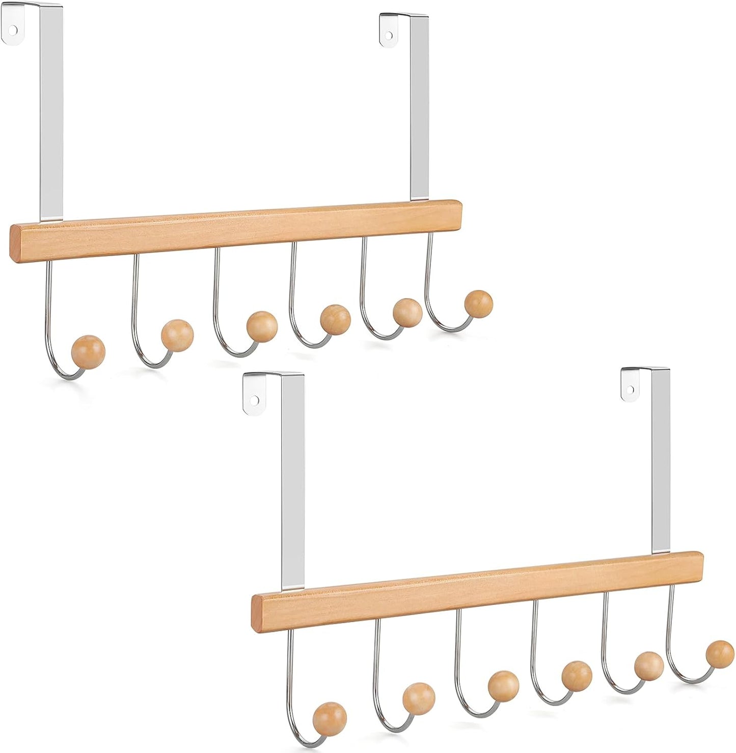 TOPIA HANGER Over The Door Hooks for Hanging, Towel Hooks Towel Racks for Bathroom, Coat Hooks Coat Rack Over The Door Organizer Hanging, Wooden Door Hangers for Coat Towel Hat Purse CT72N - 2 Pack