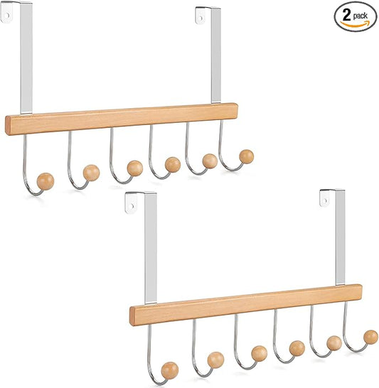 TOPIA HANGER Over The Door Hooks for Hanging, Towel Hooks Towel Racks for Bathroom, Coat Hooks Coat Rack Over The Door Organizer Hanging, Wooden Door Hangers for Coat Towel Hat Purse CT72N - 2 Pack