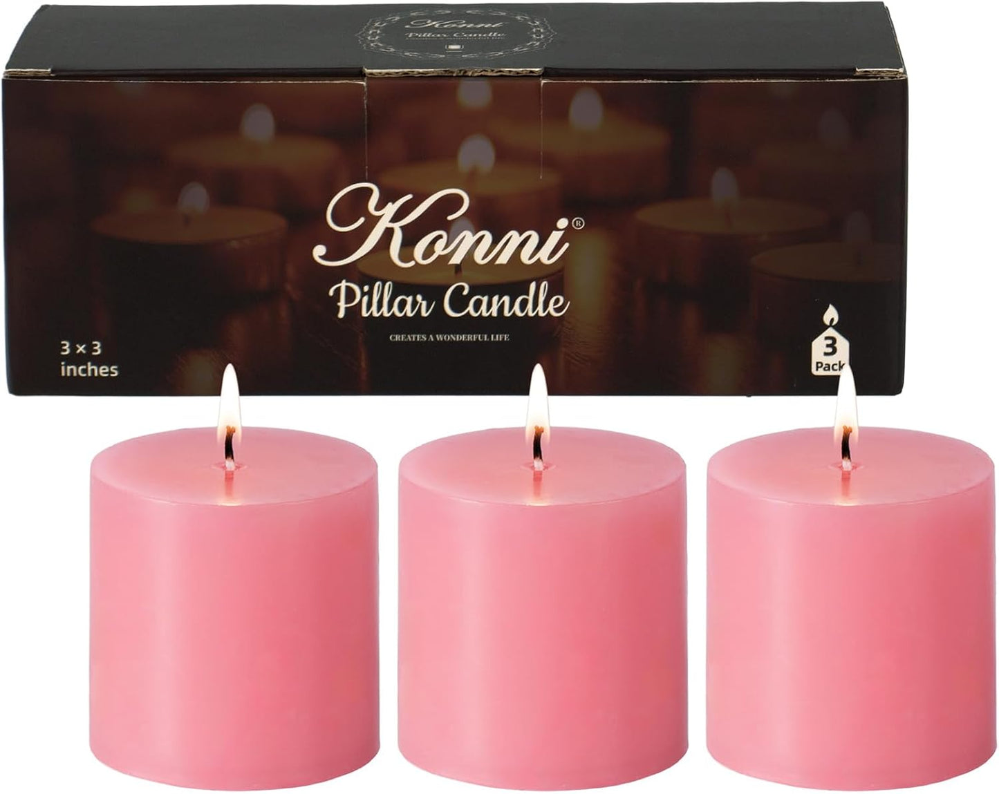 KONNI Pink Pillar Candles Set of 3, 3"x 3" Unscented Pillar Candles Bulk, 30 Hours Long Burning Candles, Smokeless&Dripless Large Round Candle for Wedding, Home Decoration, Parties, Spas, Dinner