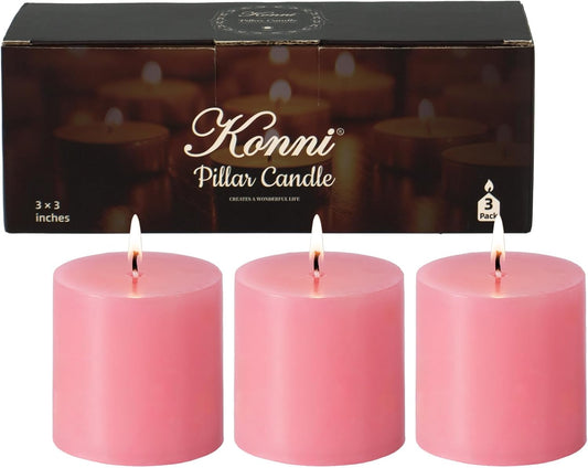 KONNI Pink Pillar Candles Set of 3, 3"x 3" Unscented Pillar Candles Bulk, 30 Hours Long Burning Candles, Smokeless&Dripless Large Round Candle for Wedding, Home Decoration, Parties, Spas, Dinner