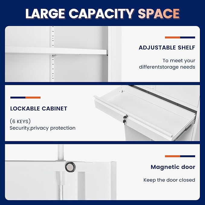 Yizosh Metal Garage Storage Cabinet with Locking Doors and Adjustable Shelves, 71" Tool Storage Cabinet with 1 Drawer for Garage,Office,Warehouse (White)