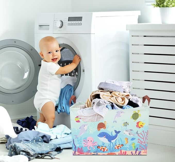 CLOCOR Rectangular Storage Basket Empty,Gift Basket,Waterproof Storage Bin with Handles,Room Decor(Under The Sea)