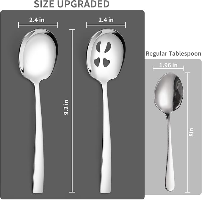 8 Piece Stainless Steel Serving Spoons Set - 4 Large, 4 Slotted, 9.2-Inch, Dishwasher Safe, for Parties/Kitchen/Buffet/Catering