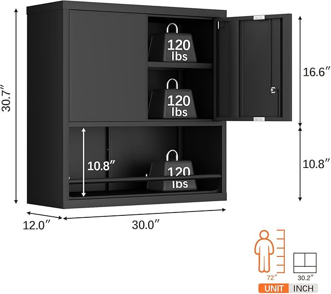 LUCYPAL Garage Storage Cabinet with Locking Doors and Shelves,Black Metal Wall Cabinets for Garage,Floating Upper Storage Cabinet for Warehouse/Basement/Kitchen/Home Office