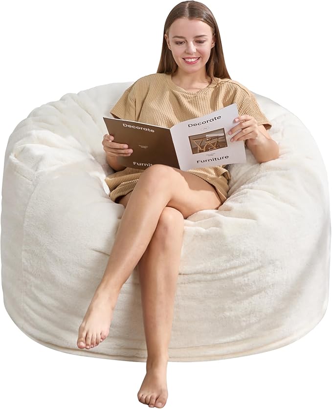 Hobestluk 3ft Bean Bag Chairs for Adults Large Beanbag Chair with Plush Faux Fur Cover Big Bean Bag Chair for Living Room Bedroom Dorm Office - White(36” x 36” x 22”)