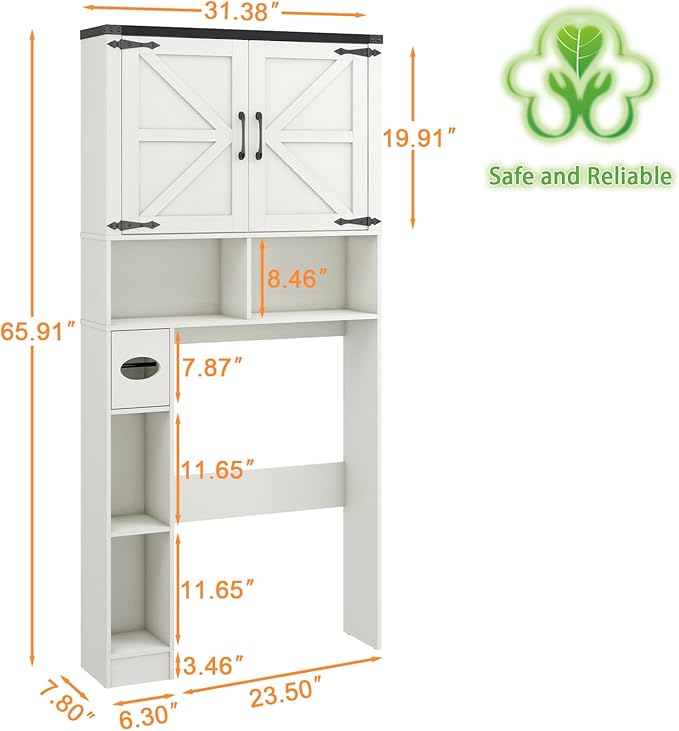 Over The Toilet Storage Cabinet, Farmhouse Storage Cabinet Over Toilet with 2 Barn Doors && Toilet Paper Holder Stand，Home Space-Saving Toilet Rack, for Bathroom, Laundry, Restroom.