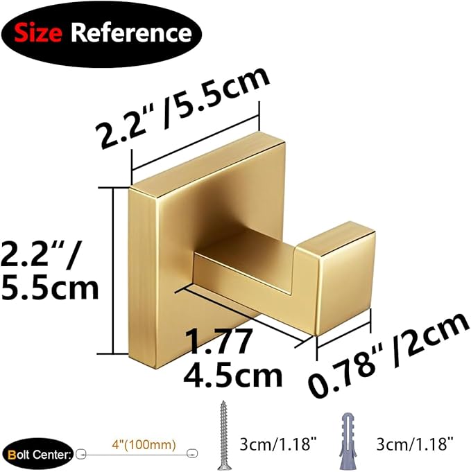 Nolimas Bathroom Towel Hook SUS304 Stainless Steel Square Clothes Coat Robe Hooks Cabinet Closet Door Sponges Hanger for Bath Kitchen Garage, Heavy Duty Wall Mounted, Gold Finish, 2pack