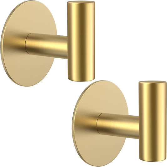 Gold Stainless Steel Wall Hooks, Heavy Duty Self-Adhesive Hooks for Coats, Towels, Robes, Hats, Aprons – No Drill Bathroom, Kitchen, Hotel (2 Pack)