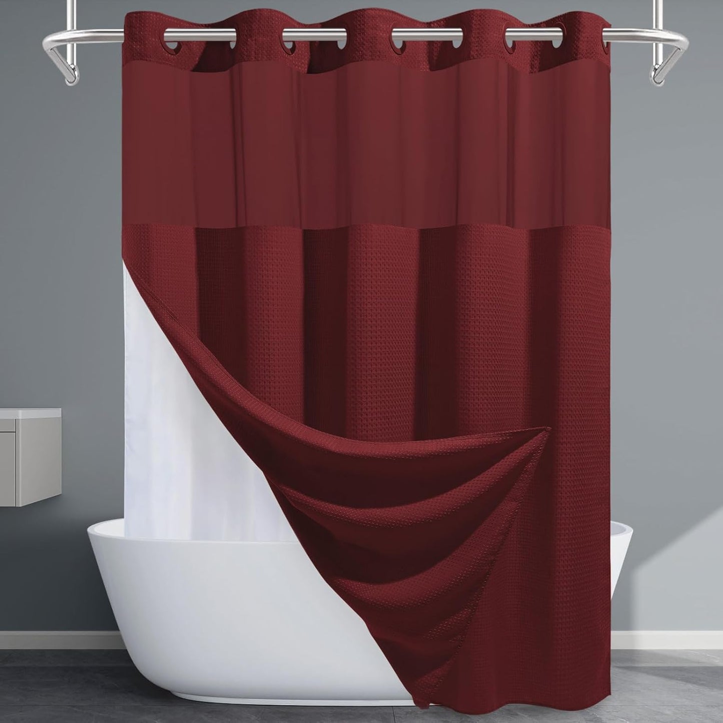 Burgundy Long No Hook Shower Curtain with Snap in Liner,230GSM Waffle Weave Shower Curtains for Bathroom,71W x 86H
