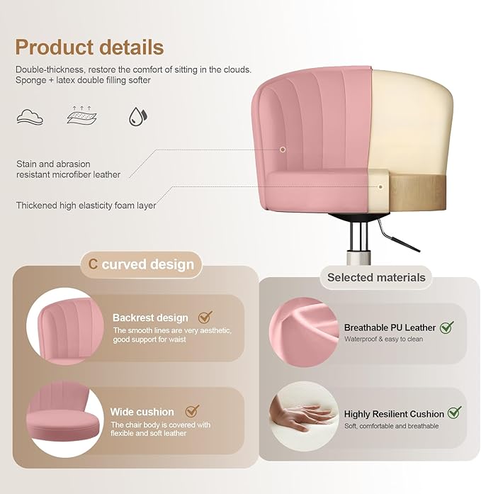 Small Desk Chair Round Rolling Chair with Back PU Leather Height Adjustable Swivel Vanity Work Computer Stool Chair for Home Office Bedroom, Set of 4