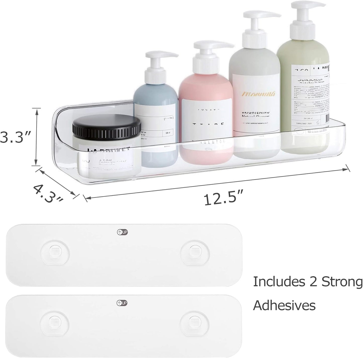 UDD Acrylic Shower Caddy Adhesive Shelf, Plastic Shower Organizer with Self Adhesive Tape, No Drilling Clear Wall Mount Shower Shelves for Bathroom Kitchen, Clear