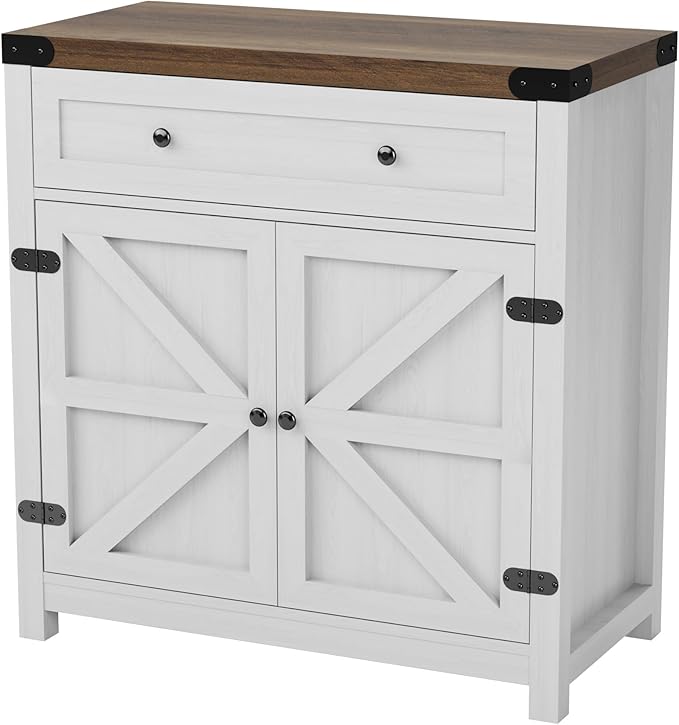 JUMMICO Coffee Bar Cabinet Farmhouse Kitchen Sideboard Buffet Cabinet with Drawer and Adjustable Shelf Barn Door Storage Cabinet for Kitchen, Dining Room, Bathroom, Entryway（White）