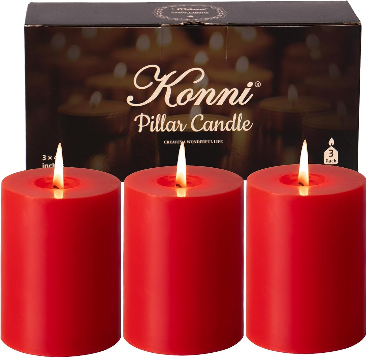 KONNI Red Pillar Candles Set of 3, 3"x 4" Unscented Pillar Candles Bulk, 39 Hours Long Burning Candles, Smokeless and Dripless Large Round Candle for Wedding, Home Decoration, Parties, Spas, Dinner