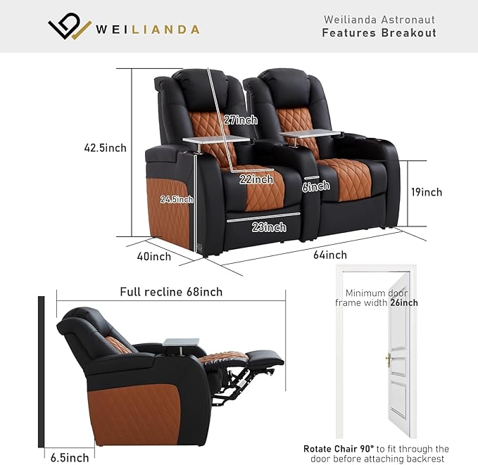 Home Theater Seating, Top Grain Leather Movie Seats Recliner Chair, Zero Gravity Reclining Gaming Sofa with Power Headrest 7 Colors Ambient Lighting 2 Seats Black Camel
