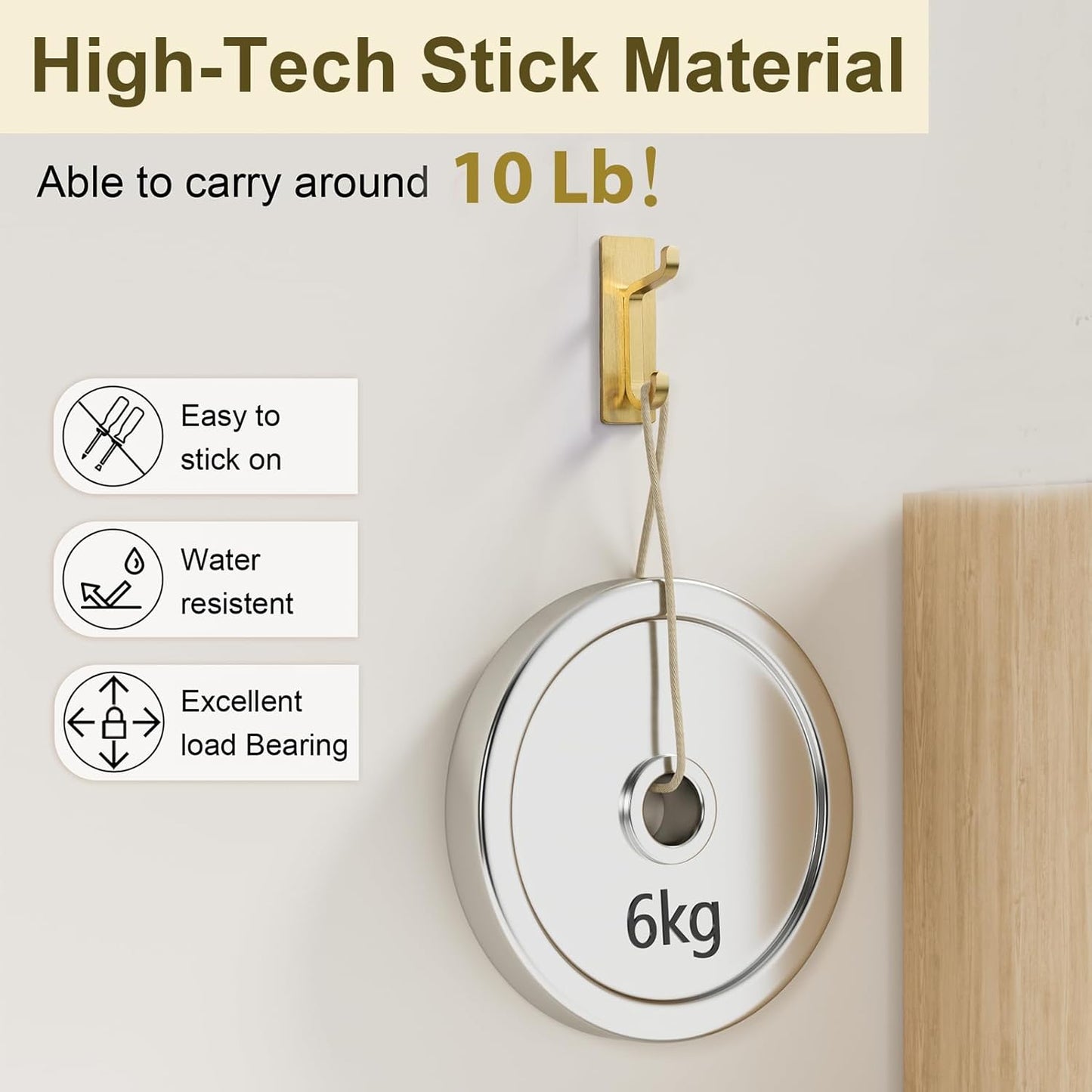 Self Adhesive Wall Hooks for Hanging: Extra Strong 13 LB, Hook for Coat, Towel in Bathrooms, Shower, Kitchen, Wall, Door Hook, Gold 12 Pack