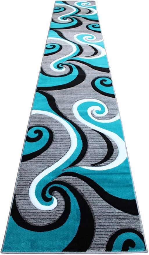 Masada Rugs Sophia Collection Hand Carved Long Runner Area Rug Modern Contemporary Turquoise Grey White Black (2 Feet 8 Inch X 15 Feet 6 Inch) Runner