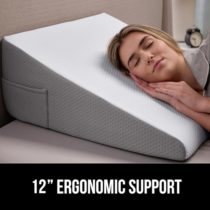GORILLA GRIP Bed Wedge Pillow for Sleeping, Soft Dual Layer Memory Foam, Stay in Place Dots, Breathable, Ergonomic Headboard Triangle Sleep Support, Reading Elevation Anti Snoring, 12in White Gray
