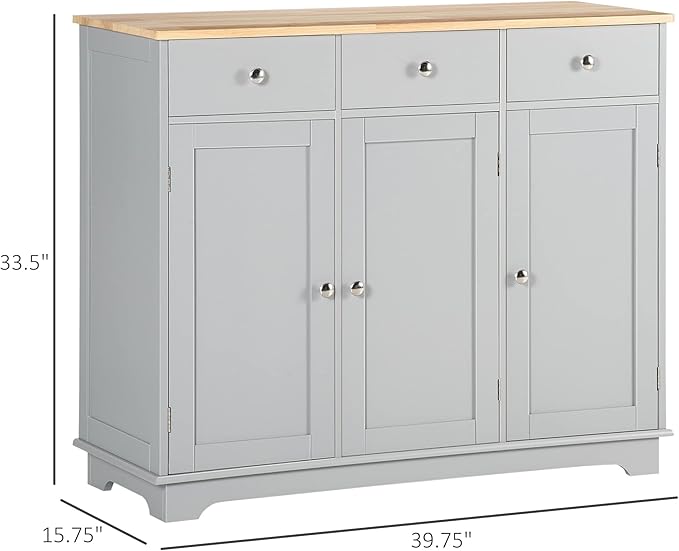 HOMCOM Sideboard with Solid Wood Countertop, Modern Kitchen Storage Cabinet, Coffee Bar Cabinet with 3 Drawers, Doors and Adjustable Shelf, Gray
