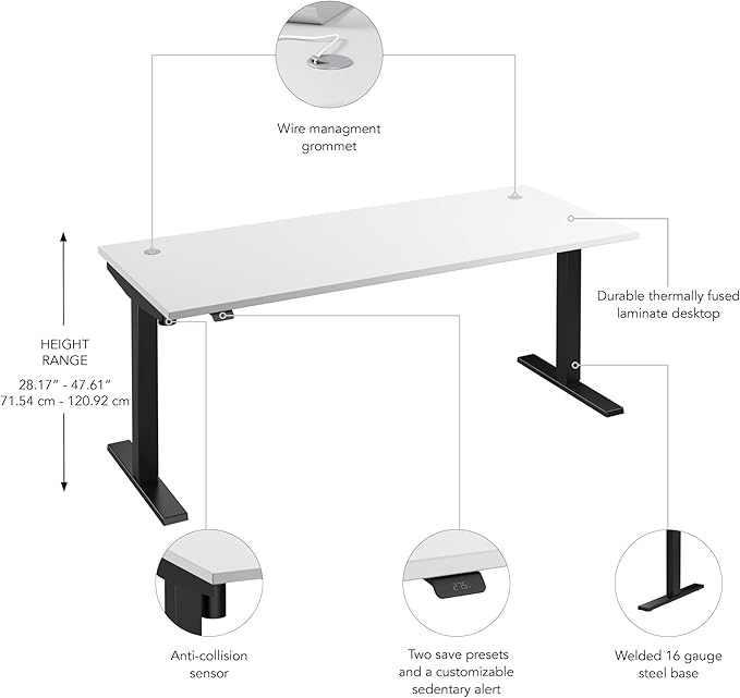 Bush Business Furniture 72-inch Electric Height Adjustable Standing Desk, Ergonomic Sit-Stand Computer Table for Home and Professional Office, Move 40 Series, White with Black Base