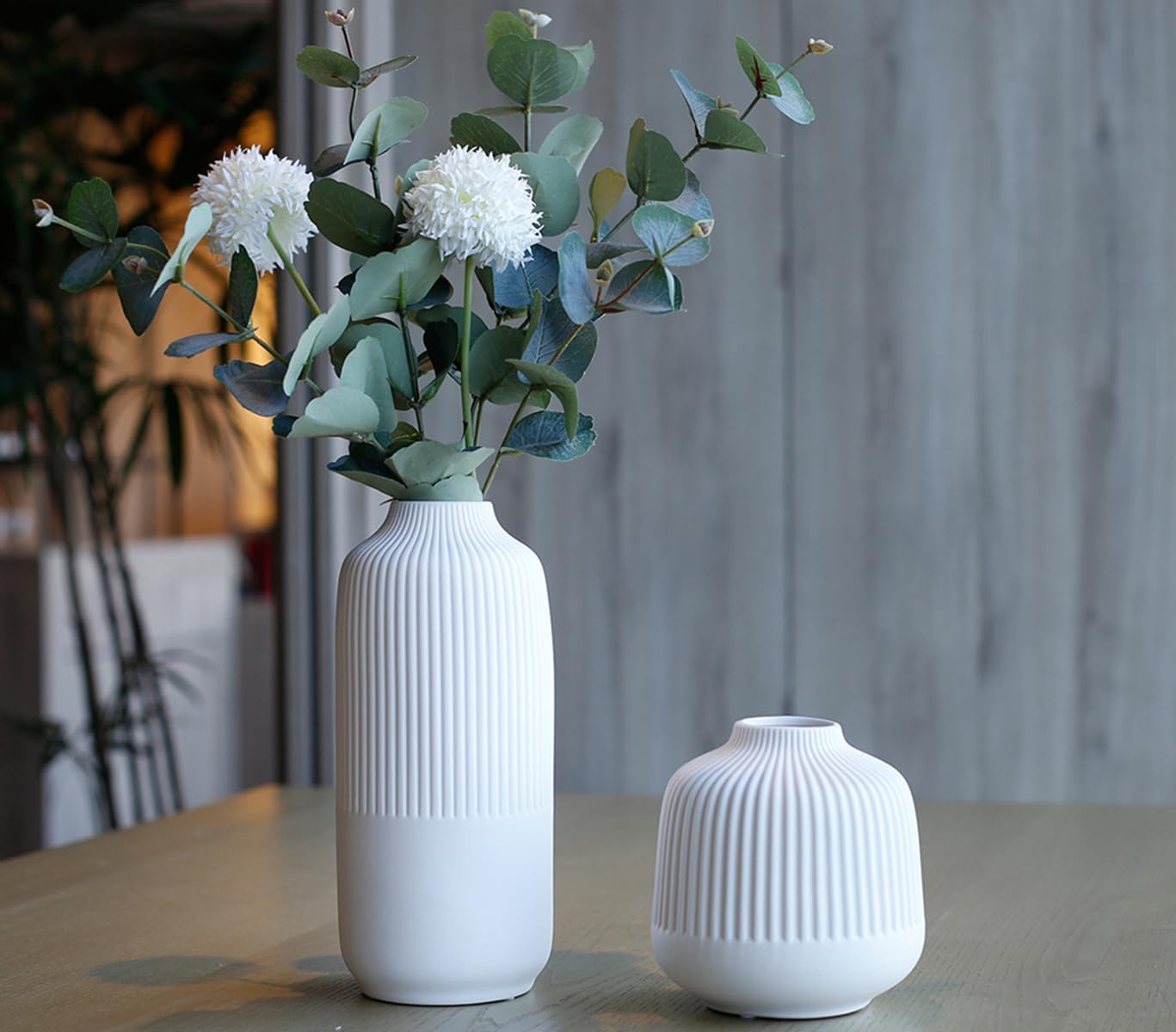 Matte White Vases Home Decor Stripe Centerpieces Modern Boho Ceramic Set of 2 for Flowers Pampas Grass Table Mantle Kitchen Porcelain
