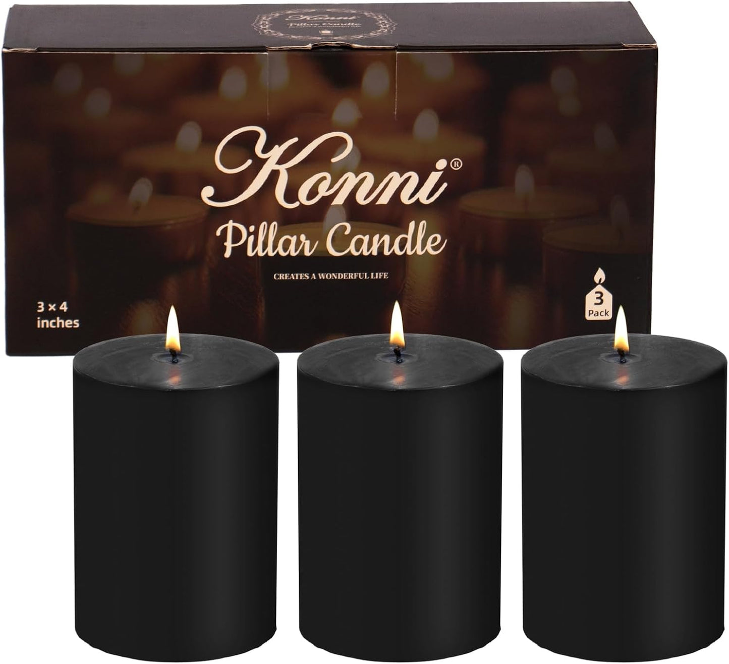 KONNI Black Pillar Candles Set of 3, 3"x 4" Unscented Pillar Candles Bulk, 39 Hours Long Burning Candles, Smokeless&Dripless Large Round Candle for Wedding, Home Decoration, Parties, Spas, Dinner