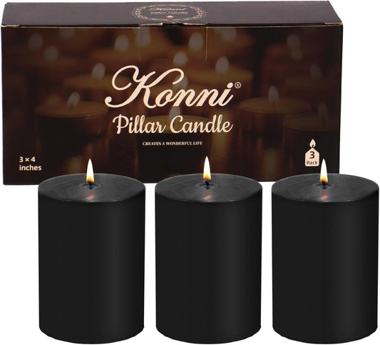 KONNI Black Pillar Candles Set of 3, 3"x 4" Unscented Pillar Candles Bulk, 39 Hours Long Burning Candles, Smokeless&Dripless Large Round Candle for Wedding, Home Decoration, Parties, Spas, Dinner