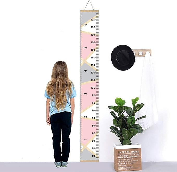 Kids Growth Chart, Wood Frame Fabric Canvas Height Measurement Ruler from Baby to Adult for Child's Room Decoration 7.9 x 79in (7.9 x 79in, Pink & Grey)