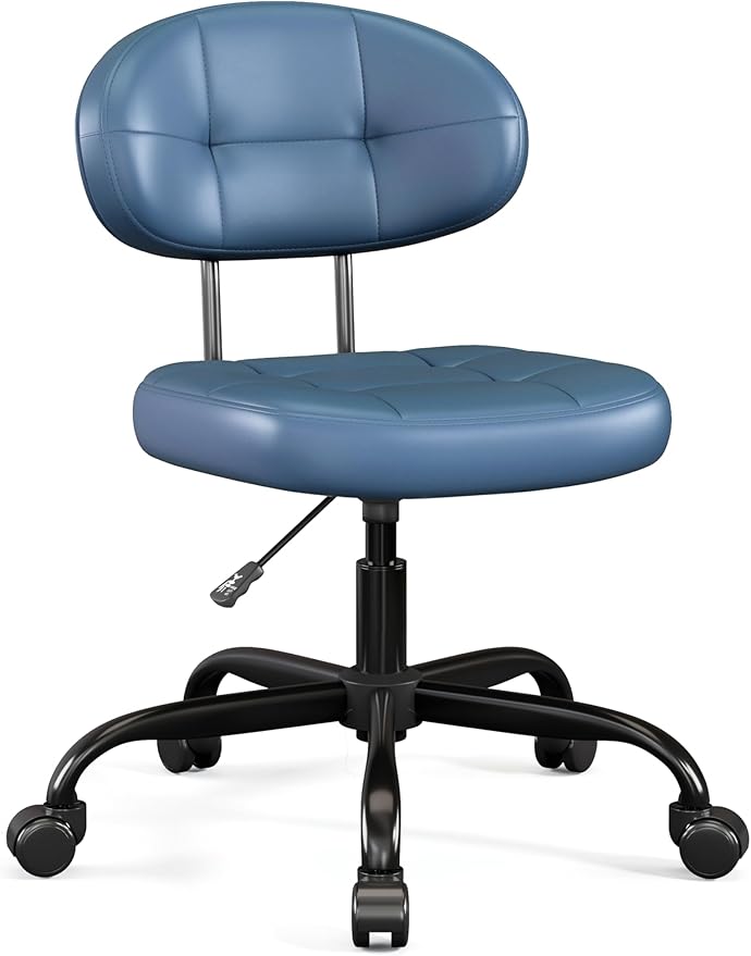 Misolant Vanity Chair with Back, Small Armless Cute Office Chair with Wheels and Lumbar Support, Comfy PU Leather Desk Computer Chairs with Adjustable Height, 360° Swivel for Home Bedroom, Navy Blue