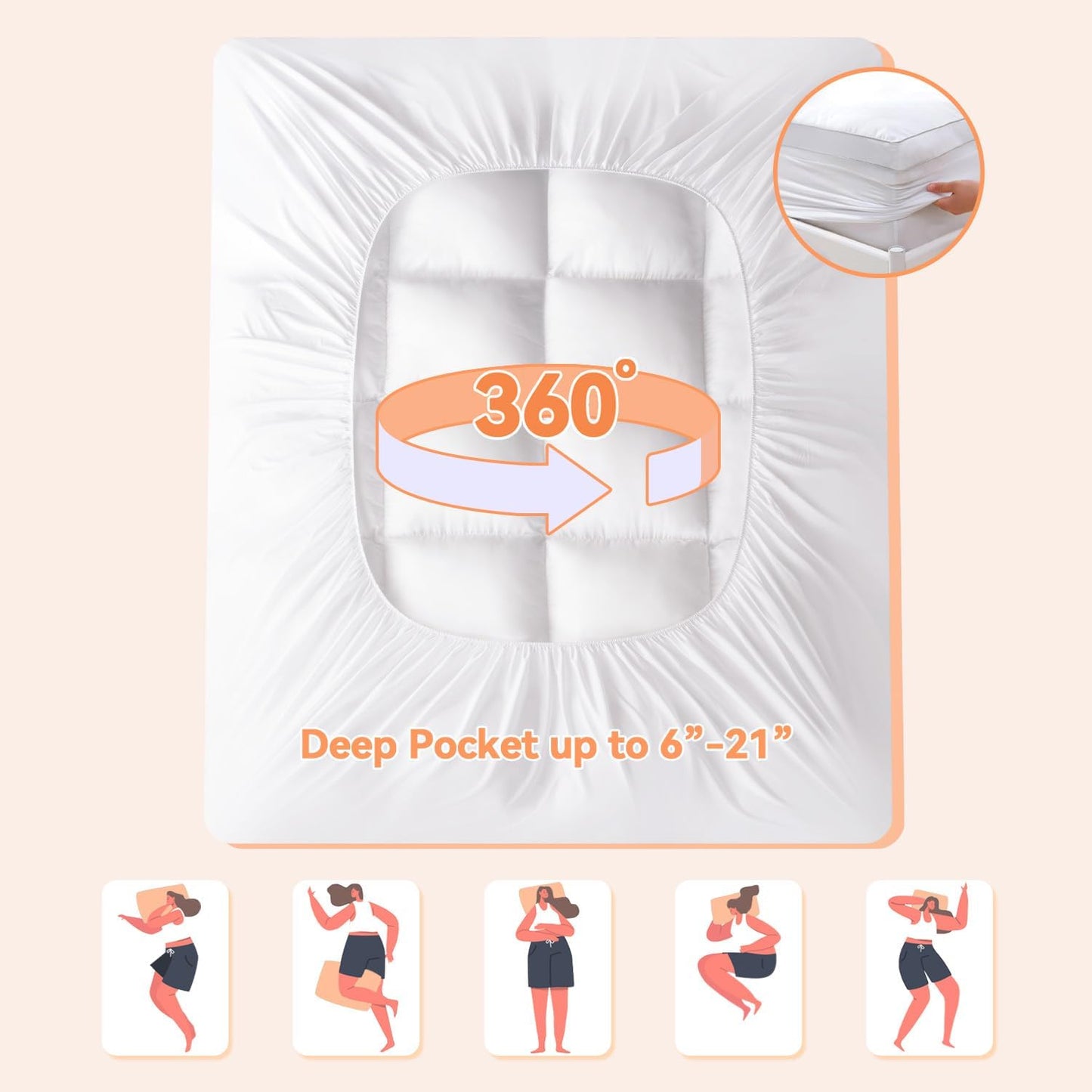 King Mattress Topper for Back Pain Relief, Extra Thick Pillow Top Plush Mattress Pad with Deep Pocket, Soft Pillowtop King Size Bed Toppers Filled Fluffy Down Alternative, White