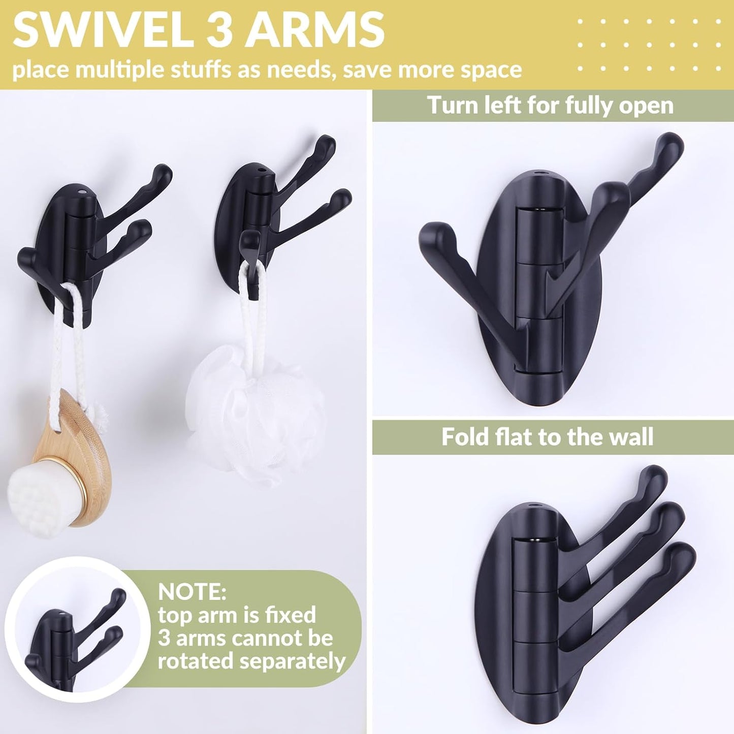 APLusee Swivel Towel Hook 2 PCS Matte Black, Metal 3 Arms Folding Robe Coat Hook, Flexible Storage Clothes Holder for Bathroom Home RV, Wall Mount