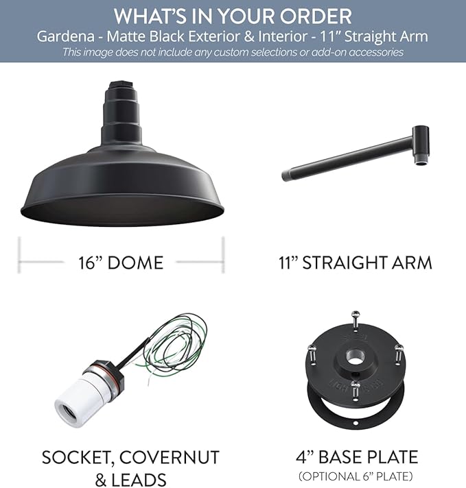 Steel Lighting Co. Gardena Barn Light | Outdoor Wall Mounted | 16" Dome | 11" Straight Arm | Farmhouse Light Made in America | Matte Black Exterior/Matte Black Interior