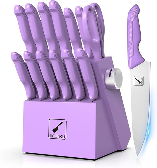 imarku Kitchen Knife Set, Sharp Knives Set with Built-in Sharpener, Stainless Steel Block Knife Set and Non-Slip Ergonomic Handle, Dishwasher Safe, 14 PCS Professional Knife Set for Gift, Lavender