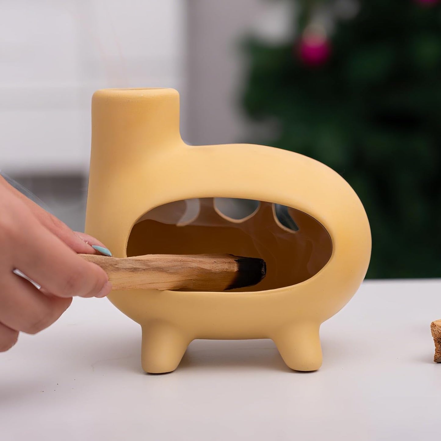 Elegant Handcrafted Ceramic Palo Santo Burner-Yellow Terracotta Footed Incense Holder for Meditation,Compatible with Wood Sticks,Sage,Ash&Cones-Mini Aromatic Home Altar with Chimney Design