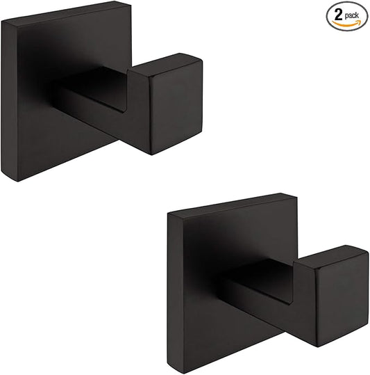 Nolimas 2 Pack Matte Black Towel Hook Stainless Steel Bathroom Rustproof Clothes Towel Coat Hook Wall Mounted Square Toilet Kitchen Heavy Duty Door Hanger