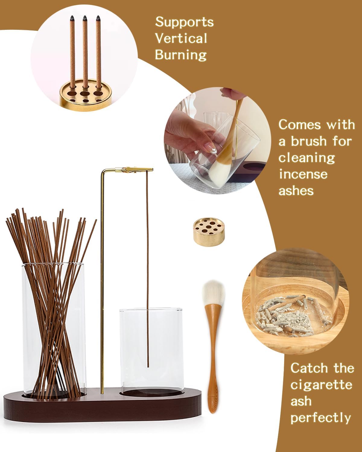 2 in 1 Glass Incense Holder for Sticks with 9-Hole Upright Burner, Ash Catcher, Cleaning Brush & Greeting Card, Meditation & Yoga Accessories,Gift for Home Decor (Dark Base)