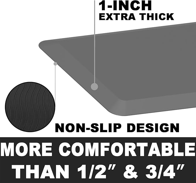 1" Extra Thick Anti Fatigue Floor Mat 17" W x 60" L,Kitchen Mat, Standing Desk Mat,140D Advanced PU Foam Ergonomic Comfort at Home, Office, Garage, Sink (Gray)
