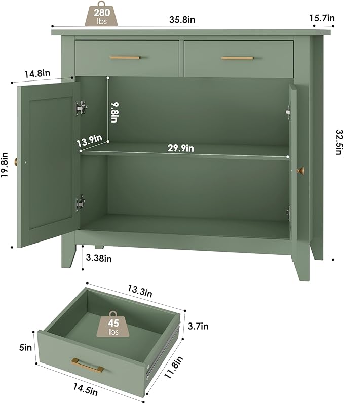 HORSTORS Kitchen Storage Cabinet, Modern Farmhouse Buffet Cabinet with Storage, Coffee Bar with 2 Drawers and 2 Doors, Floor Sideboard Buffet for Living Room, Dining Room, Bathroom, Green