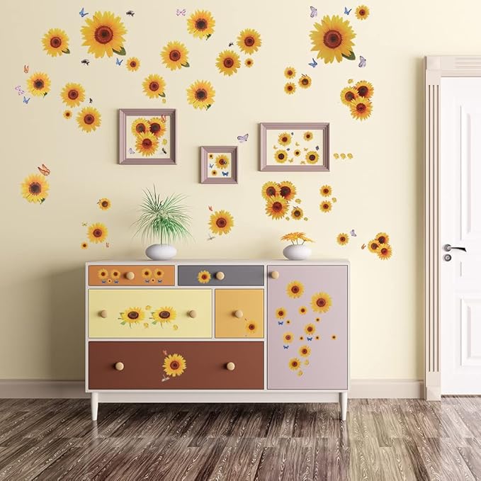 135 Pcs Sunflower Wall Sticker, Removable 3D Waterproof Decor for Kids, Mother's Day, Bathroom, Kitchen - Decorative Decals