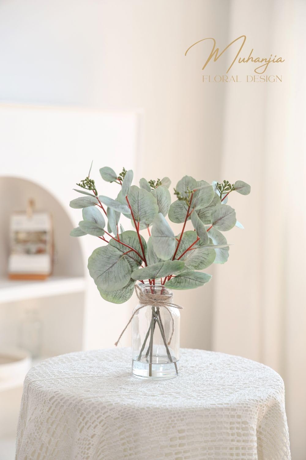 Artificial Eucalyptus Stems in Glass Vase with Faux Water,5Pcs Fake Plant with Double-Sided Leaves and Green Seeds for Centerpiece (Double-Sided Green Eucalyptus with Seed)