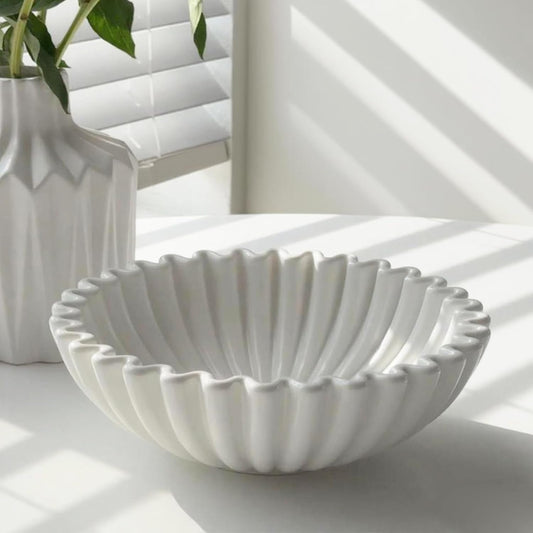 KULEDM Ceramic Decorative Bowl Home Decor - 10in White Scalloped Ruffle Fruit Bowl for Kitchen Counter, Dishwasher & Microwave Safe