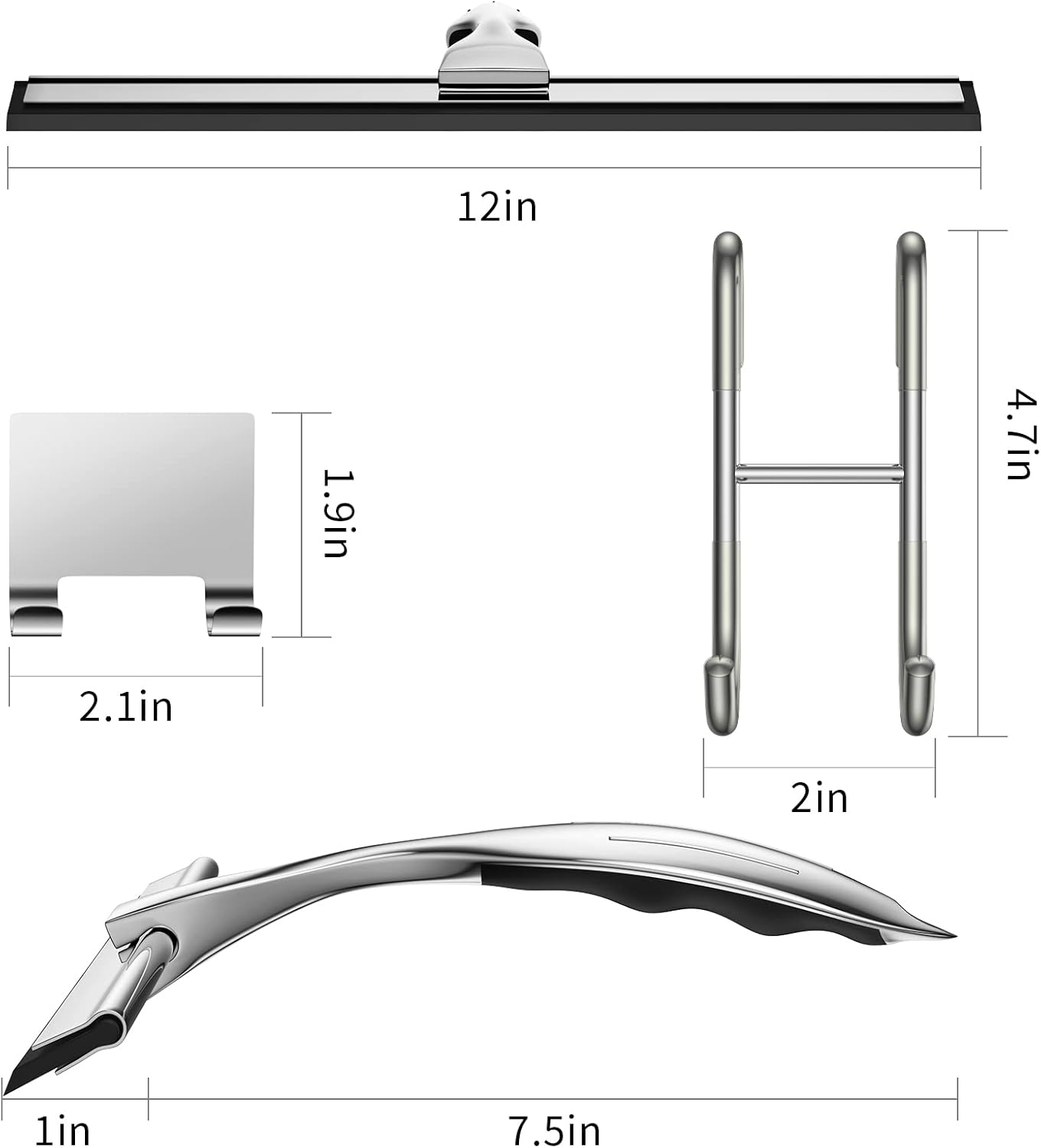 Shower Squeegee for Glass Door 12-Inch Stainless Steel Bathroom Squeegee Window Wiper, Includes Shower Door Hook, Adhesive Hook, and Spare Silicone Blade for Window Mirror Car All-Purpose Squeegee