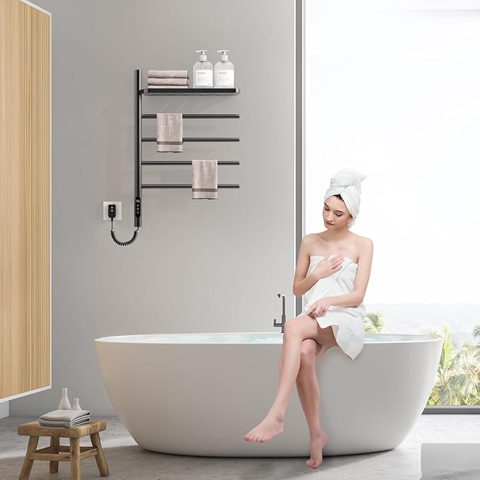 Swivel Heated Towel Rack, Wall Mounted Electric Towel Warmer Rack for Bathroom, 4 Round Bars Swivelable Towel Dryer with Tray, Towel Heater with Built-in Timer, for bathroom, Salons & Spas (G64 Black)