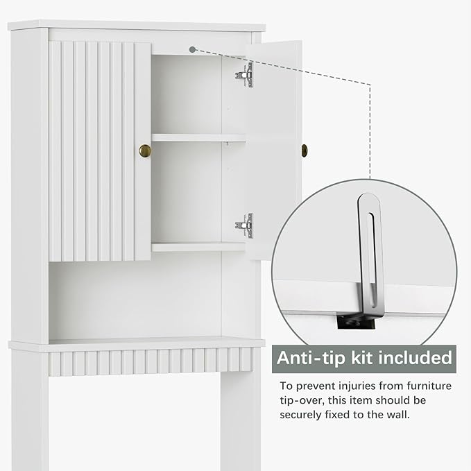 Over The Toilet Storage Cabinet, Over Toilet Bathroom Organizer with Fluted Panel Doors and Soft Hinges, Above Toilet Storage Shelves Behind Toilet Bathroom Organizer (White)